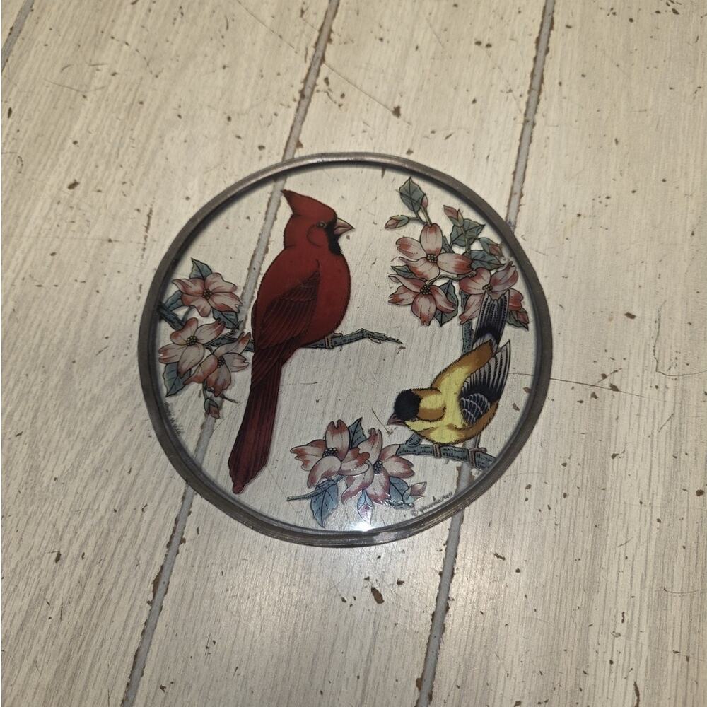 Vtg Glass Master Suncatcher Cardinal Couple Bird Red Yellow USA Made Cottagecore